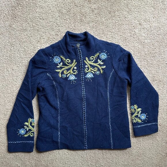 Icelandic Design Sweater Womens Large Full Zip Wool Navy Blue Pockets - Picture 1 of 12